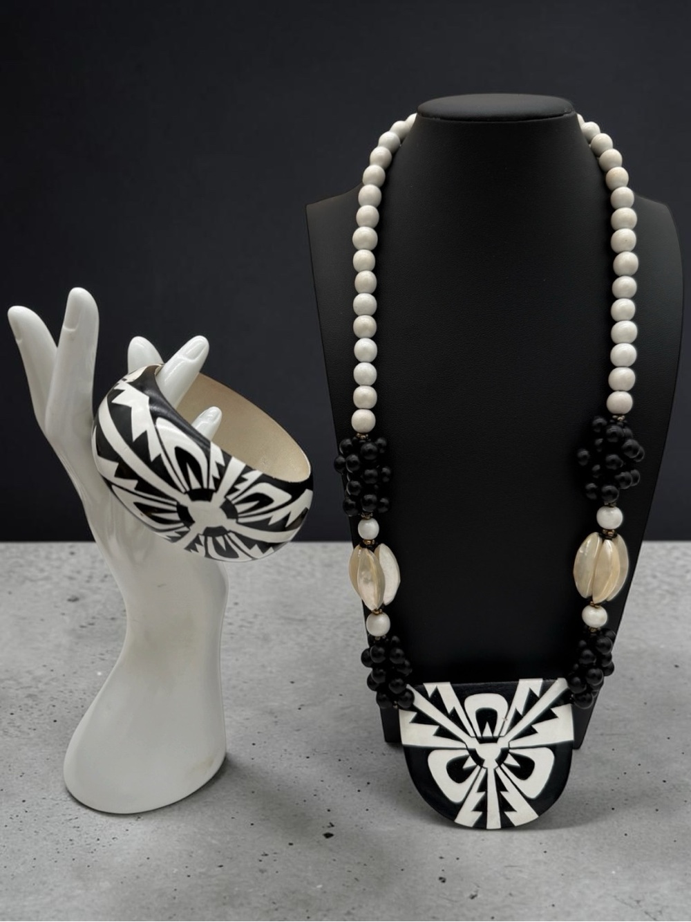 Vintage Handcrafted Black and White Geometric Necklace and Bangle Set